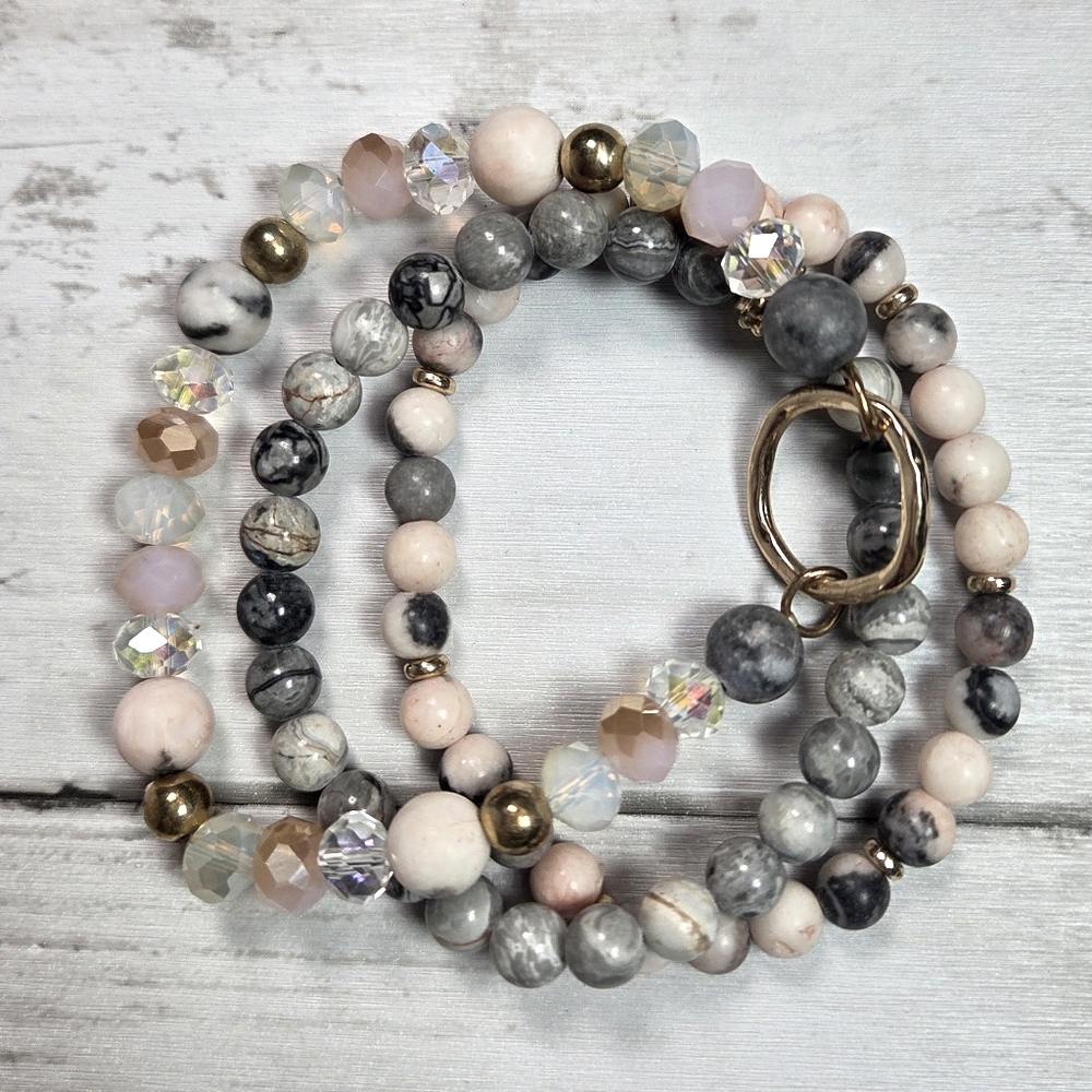 Delicate Pink & Gray Beaded Wrap Bracelet with Gold Accents